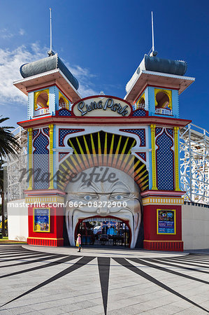 The colourful entrance to Luna Park, Saint Kilda, Melbourne, Victoria, Australia.