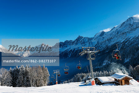 Europe, France, Haute Savoie, Rhone Alps, Chamonix Valley, Les Houches ski resort and mountain restaurant