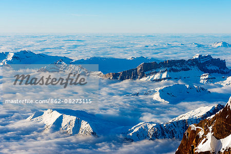 Europe, France, Haute Savoie, Rhone Alps, Chamonix, sea of clouds weather inversion over Chamonix valley