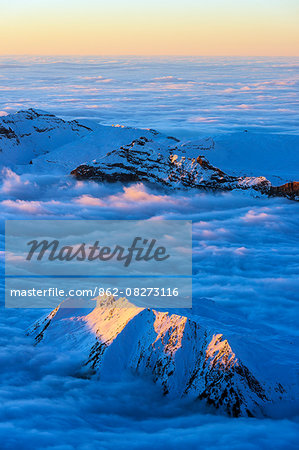 Europe, France, Haute Savoie, Rhone Alps, Chamonix, sea of clouds weather inversion over Chamonix valley