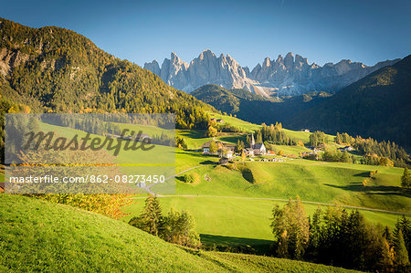 South Tyrol, Italy, Dolomites Alps. Val di Funes and Santa Maddalena church with Odle Mountains in background