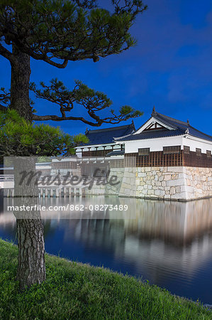 Tower and moat of Hiroshima castle at dusk, Hiroshima, Hiroshima Prefecture, Japan