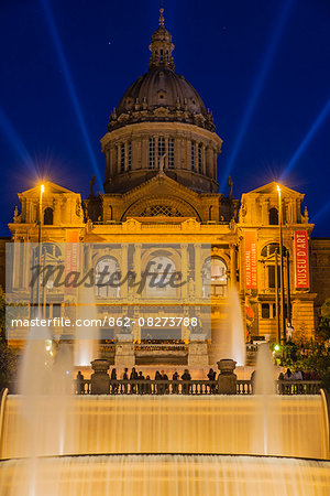 Night view of Palau Nacional waterfall located in Montjuic, Barcelona, Catalonia, Spain