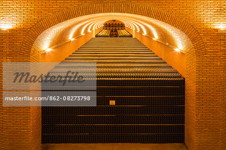 Spain, Alava, Laguardia. The bottle racks at Bodegas Campillo contain over 2 million bottles of wine.