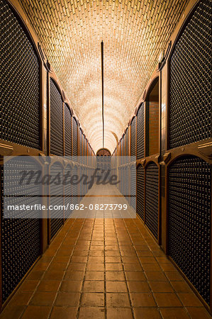 Spain, Alava, Laguardia. Bottle racks at Bodegas Campillo.