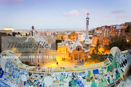 Barcelona, Park Guell, Spain, the modernism park designed by Antonio Gaudi, dusk Barcelona, Park Guell, Spain, the modernism park designed by Antonio Gaudi, dusk