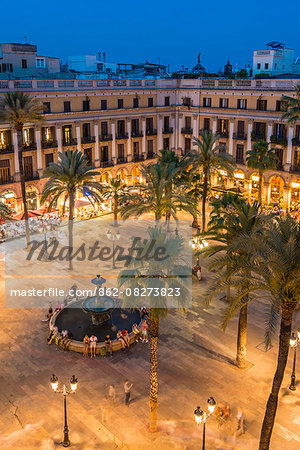 Night top view over Placa Reial or Plaza Real, Barcelona, Catalonia, Spain