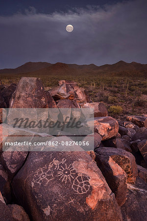 Ancient Petroglyph, USA, Arizona, Tucson, Sonoran desert, Saguaro National Park, Ancient Petroglyph and moon