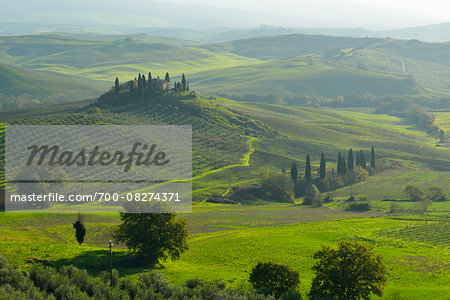 Tuscany Countryside with Farmhouse, San Quirico d'Orcia, Val d'Orcia, Province of Siena, Tuscany, Italy