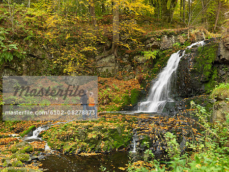 Couple looking at waterfall in forest