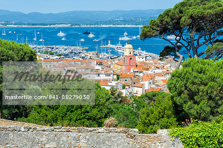 View over the bell tower of Notre Dame de l'Assomption Church, St. Tropez, Var, Provence Alpes Cote d'Azur region, French Riviera, France, Mediterranean, Europe