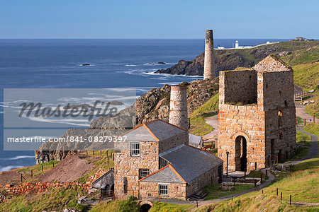 Levant tin mine and Pendeen Lighthouse, Trewellard, Cornwall, England, United Kingdom, Europe