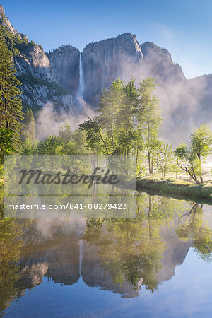 Yosemite Falls reflected in the Merced River at dawn, Yosemite National Park, UNESCO World Heritage Site, California, United States of America, North America