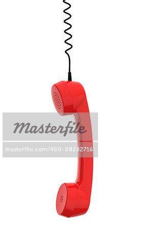 Red Retro Business Telephone Receiver Hangs by its Cord on the White Background