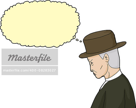 Isolated hand drawn cartoon of thinking senior man in hat