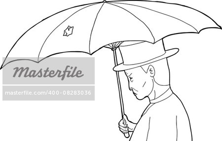 Outline profile of vintage man with torn umbrella