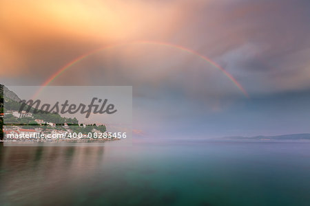 Rainbow over the Small Village in Omis Riviera after the Rain, Dalmatia, Croatia