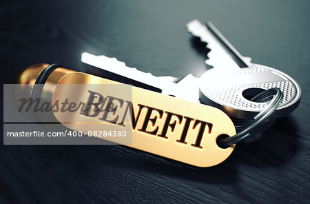 Keys with Word Benefit on Golden Label over Black Wooden Background. Closeup View, Selective Focus, 3D Render. Toned Image.