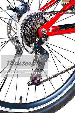 rear bicycle wheel with disc brakes and gears on white