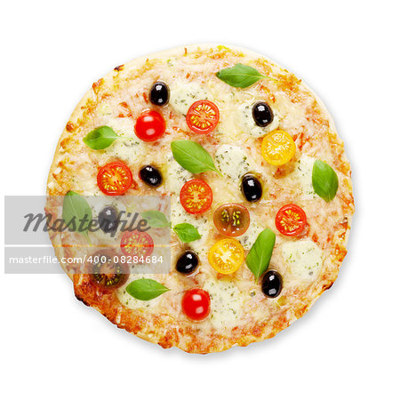 Italian pizza with cheese, tomatoes, olives and basil. Isolated on white background