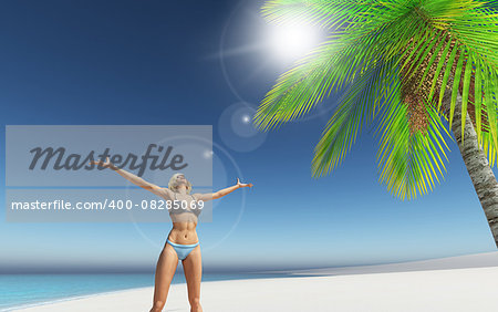 3D female on a tropical beach with palm tree