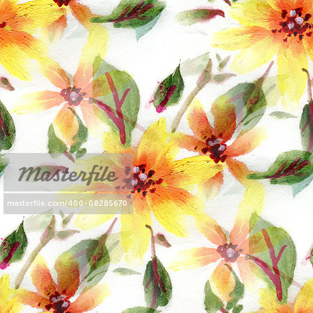 Seamless pattern with watercolor flowers. Simple yellow flowers on a white background.