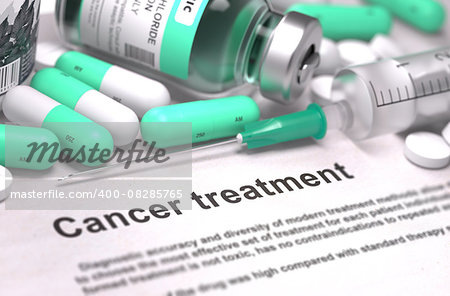 Cancer Treatment - Printed with Mint Green Pills, Injections and Syringe. Medical Concept with Selective Focus.