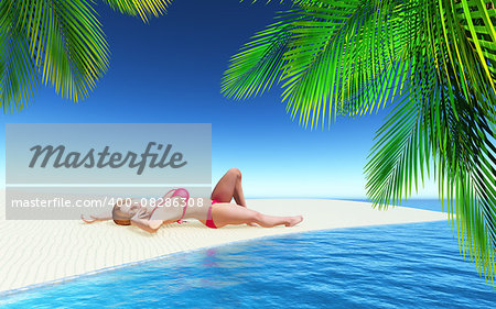 3D render of a female sunbathing on a tropical beach