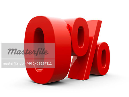 Red zero percent sign isolated on white background, three-dimensional rendering