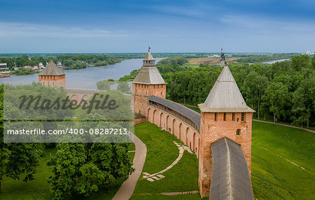 Fortification walls view from tower. Novgorod kremlin fortress, Russia.