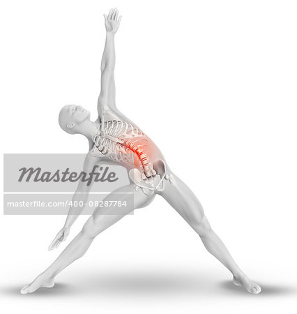 3D render of a male medical figure with partial skeleton in yoga pose