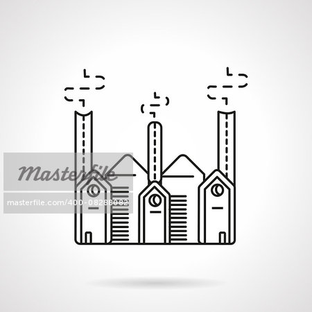 Black flat line vector icon for plant or factory. Industrial building with three towers with smoke. Design element for business and website