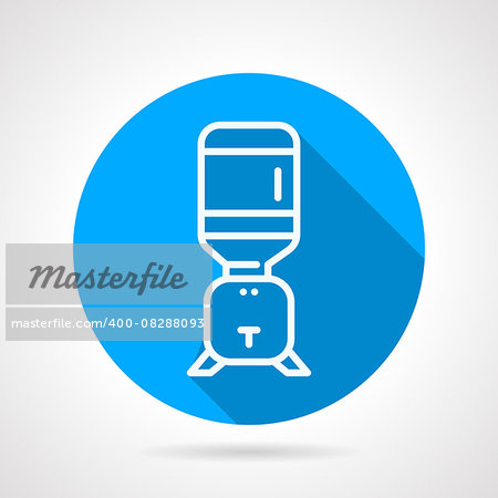 Flat blue round vector icon with white line portable water cooler with single faucet for room or office on gray background with long shadows.