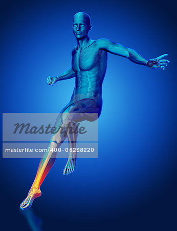 3D male medical figure with leg skeleton highlighted landing from a jump