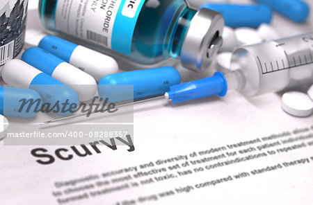 Diagnosis - Scurvy. Medical Concept with Blue Pills, Injections and Syringe. Selective Focus. Blurred Background.