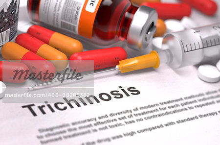 Diagnosis - Trichinosis. Medical Concept with Red Pills, Injections and Syringe. Selective Focus. 3D Render.