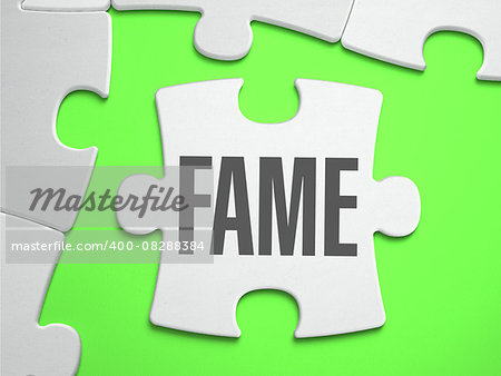 Fame - Jigsaw Puzzle with Missing Pieces. Bright Green Background. Close-up. 3d Illustration.