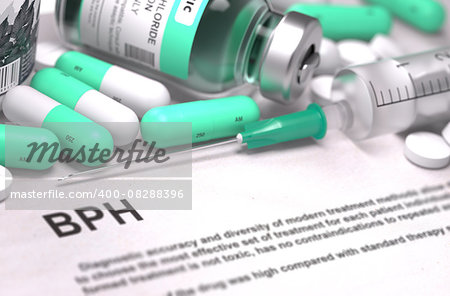 BPH - Benign Prostatic Hyperplasia - Printed Diagnosis with Mint Green Pills, Injections and Syringe. Medical Concept with Selective Focus.