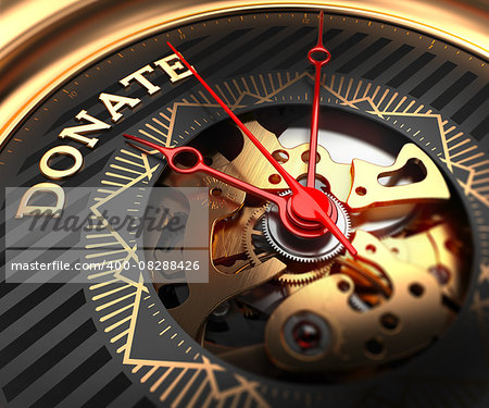 Donate on Black-Golden Watch Face with Watch Mechanism. Full Frame Closeup.