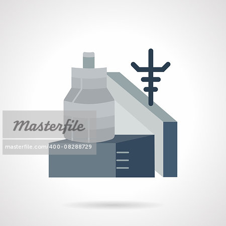 Flat color design gray vector icon for metalworking factory. Main tower, steel shop, power supply. Design element for business and website