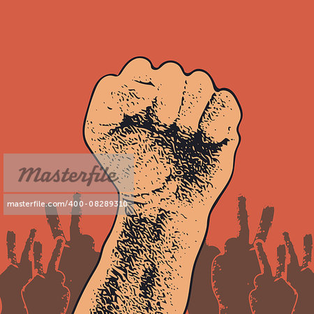 Hand Up Proletarian Revolution - Vector Illustration Concept in Soviet Union Agitation Style. Fist of revolution. Human hand up. Red background. Design element.
