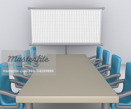 Table and empty armchairs are in front of whiteboard with grid