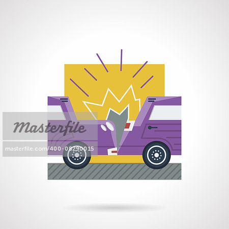 Flat color style vector icon for crash of two purple cars. Occasions for auto insurance. Design element for business and website
