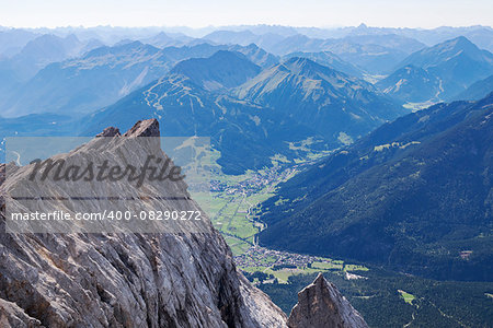 View to Ehrwald Austria from the mountain Zugspitze in the summer