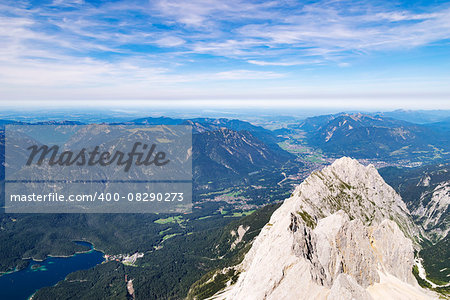 View to Garmisch Partenkirchen from the mountain Zugspitze in Bavaria, Germany in the summer