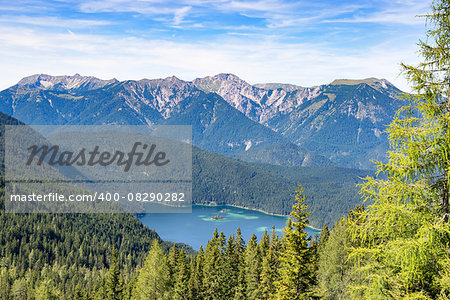 View to the lake Eibsee in Bavaria, Germany in the summer