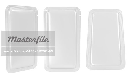 White blank sachet packaging for food, drinks, cosmetics, or medicine.