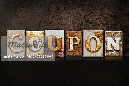 The word "COUPON" written in rusty metal letterpress type on a dark textured grunge background.