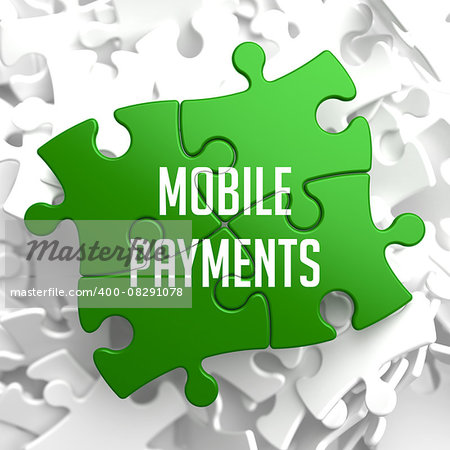 Mobile Payments on Green Puzzle on White Background.