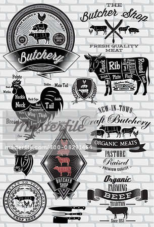 set of labels for Butcher on a brick wall